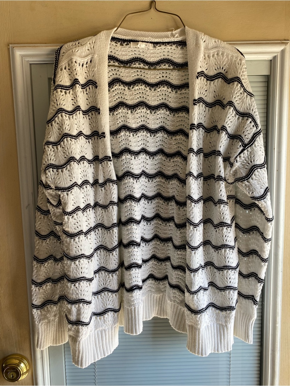 Maurices White Open Knit Cardigan with Black Stripe Accents